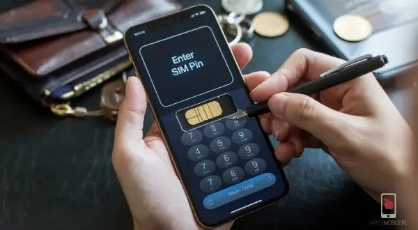 Dłoń z rysikiem wprowadza PIN karty SIM na ekranie telefonu, sugerując problem z blokadą simlock.