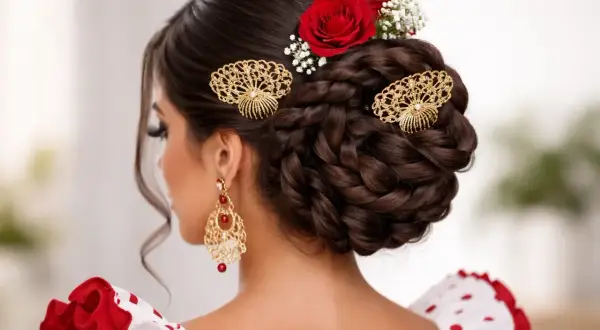 Peinado flamenca con moño trenzado, rosas rojas y peinetas doradas.
