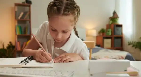 Dziewczynka z warkoczem pisze w zeszycie. Zastanawia się, czy za szkołę w chmurze się płaci, gdy odrabia lekcje w domu.