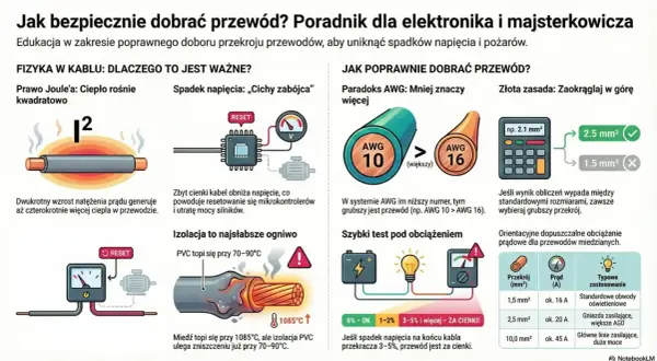 Przewody zasilające, ich przekroje i obciążenia prądowe. Wykresy pokazują prawo Joule'a, spadek napięcia, paradoks AWG i test obciążenia. Dławiki nie są widoczne.