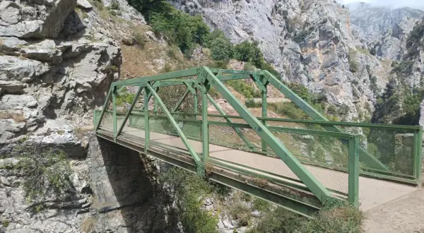 Puente Dobra, una estructura verde metálica cruza un desfiladero rocoso con vegetación.