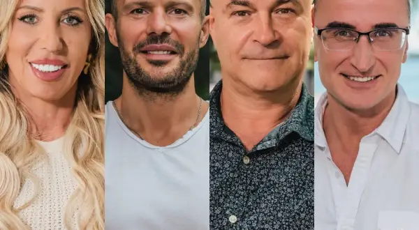 Cztery uśmiechnięte twarze: blondynka, mężczyzna z zarostem, łysiejący mężczyzna i mężczyzna w okularach. Idealna zona dla polaka.