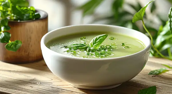 Eine Schüssel cremiger grüner Suppe, garniert mit frischen Kräutern. Perfekt für Sauerampfer Rezepte.