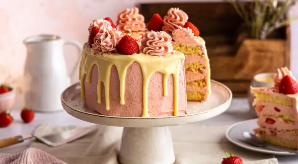 Eine wunderschöne Erdbeertorte, perfekt für jedes Erdbeertorte rezept. Mit rosa Buttercreme, weißen Schokoladenglasur-Tropfen und frischen Erdbeeren dekoriert.