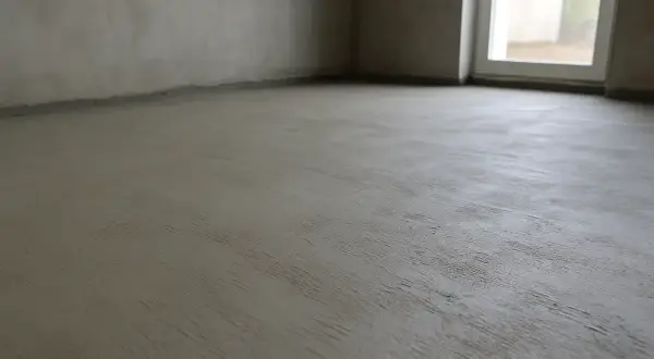 Świeżo wylana posadzka betonowa w pustym pomieszczeniu. Czekamy, aż beton wyschnie, zanim będziemy mogli kontynuować prace.