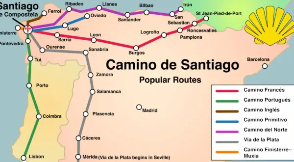 Mapa szlaków Camino de Santiago. Fioletowa linia oznacza Camino del Norte, prowadzącą przez Santander i Bilbao do Santiago.