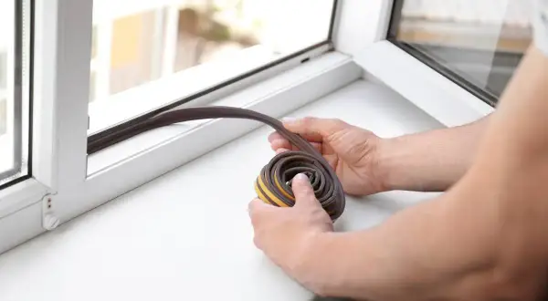 Hände halten eine Rolle Dichtungsband bereit, um Fensterdichtungen zu erneuern und Zugluft zu stoppen.