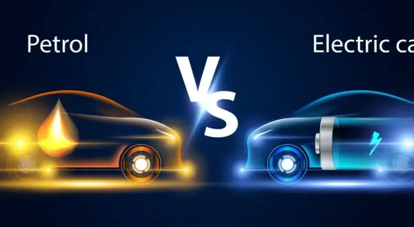 Samochód spalinowy z kroplą paliwa kontra elektryczny bev z symbolem błyskawicy.