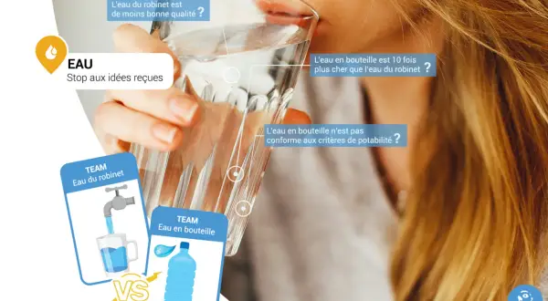 Une personne boit un verre d'eau, avec des bulles d'information comparant l'eau du robinet et l'eau en bouteille. L'eau à boire est un sujet de débat.