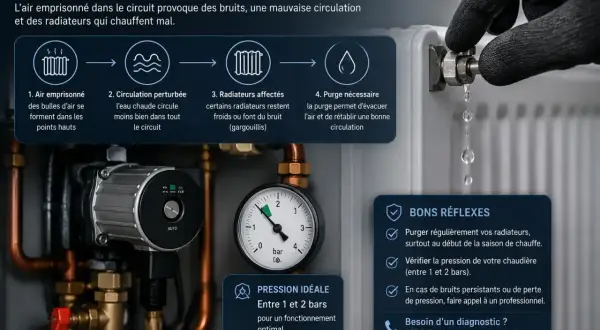 Manette de purge d'un radiateur, goutte d'eau tombant. Le texte mentionne la pression chaudière idéale entre 1 et 2 bars.