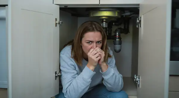 Femme inquiète sous un évier, face à un **tout à l'égout bouché que faire** ? Les tuyaux sont visibles.