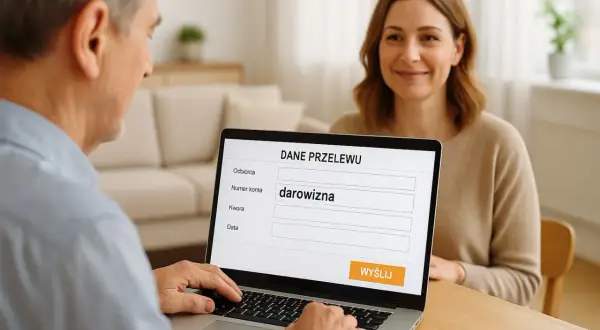 Mężczyzna wypełnia formularz przelewu na laptopie, wpisując "darowizna" jako tytuł. Kobieta uśmiecha się w tle.