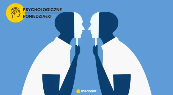 Dwie postacie trzymają maski, odsłaniając swoje prawdziwe twarze. Ilustracja symbolizuje, czego boi się socjopata – ujawnienia swojej prawdziwej natury.