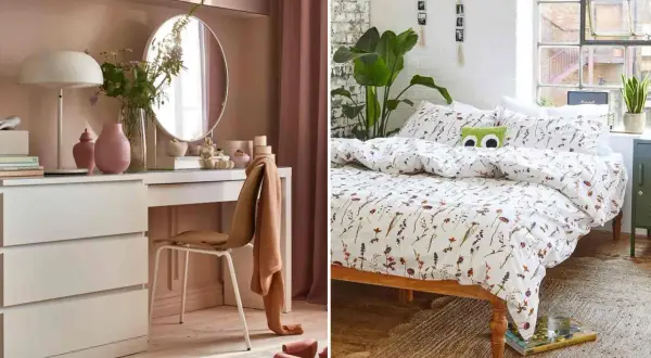 Ambiance douce pour une **rénovation chambre** : coiffeuse rose poudré et lit fleuri avec coussin rigolo.