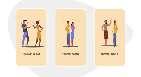 Ilustracje pokazują pary w konfliktach, symbolizujące 6 typowych zachowań w toksycznym związku.