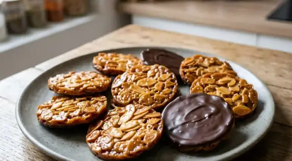 Assiette de florentins aux amandes, certains recouverts de chocolat noir. Une délicieuse recette à essayer !