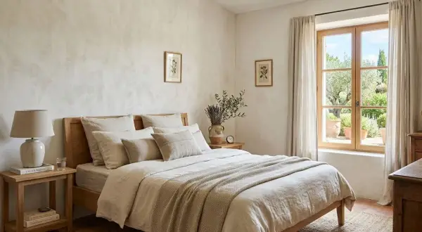 Chambre paisible avec un lit douillet, des coussins texturés et un mur à l'enduit décoratif subtil. La lumière naturelle filtre par la fenêtre, révélant un jardin verdoyant.