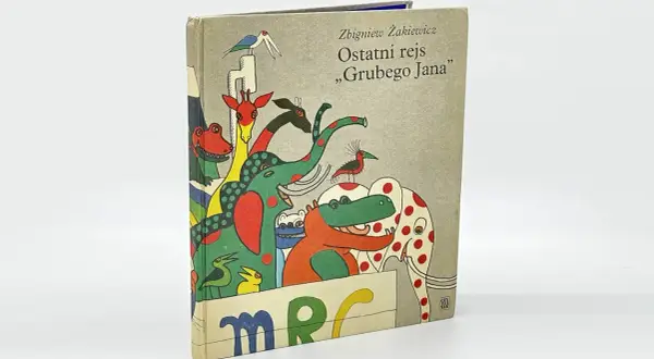 Okładka książki "Ostatni rejs Grubego Jana" Zbigniewa Żakiewicza, przykład polskiej szkoły ilustracji. Kolorowe zwierzęta na szarym tle.
