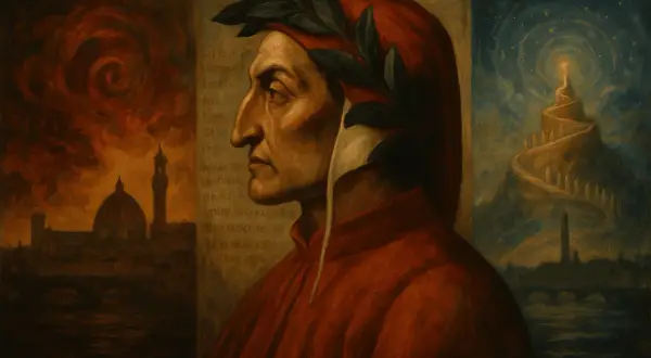 Portret Dantego Alighieri w wieńcu laurowym, z płonącą Florencją po lewej i rajską drabiną po prawej.