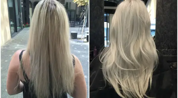 Przed i po zabiegu Olaplex. Włosy po zabiegu są widocznie zdrowsze i lśniące.