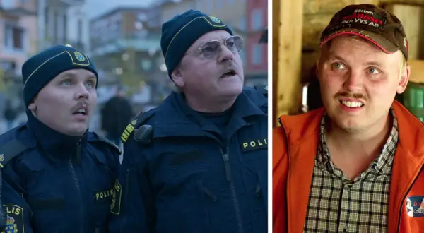 Leif och Billy film: Två poliser i blå uniformer och mössor tittar uppåt. Till höger en man med keps och orange jacka.