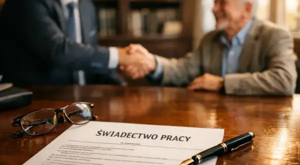 Uścisk dłoni po formalnościach. Na stole świadectwo pracy i okulary, symbol zakończenia kariery i odprawy emerytalnej.