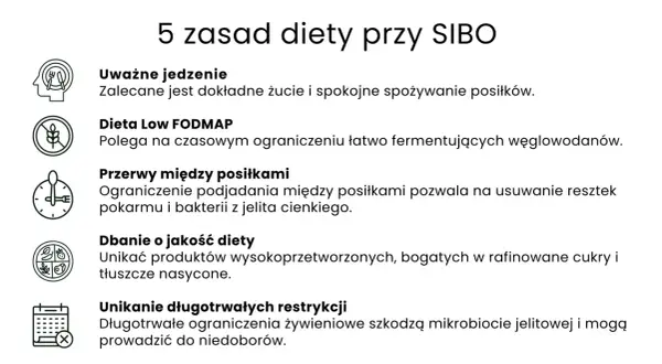5 zasad diety przy SIBO: uważne jedzenie, dieta Low FODMAP, przerwy między posiłkami, dbanie o jakość diety, unikanie długotrwałych restrykcji.