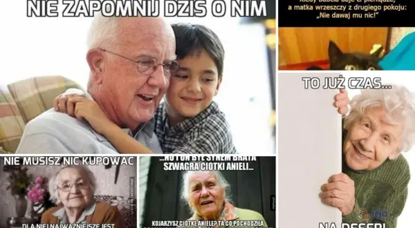 Kawały o babci i dziadku: uśmiechnięty dziadek z wnukiem, babcia z kotem, babcia z kwiatami, starsza pani z tabliczką i uśmiechnięta staruszka.