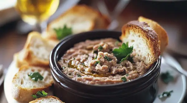 Un bol de rillettes de maquereau, garni de persil et d'huile d'olive, servi avec des tranches de pain grillé.