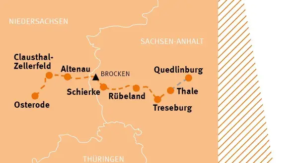 Karte zeigt die Etappen des Harzer Hexenstiegs: Osterode, Clausthal-Zellerfeld, Altenau, Schierke, Brocken, Rübeland, Thale, Treseburg, Quedlinburg.
