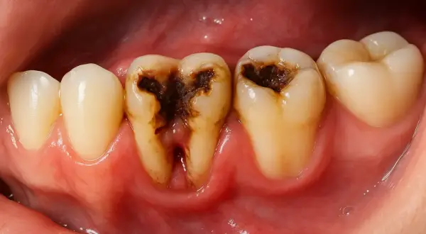 Dientes con caries severas, oscuras y cavidades profundas. Se observan encías inflamadas.