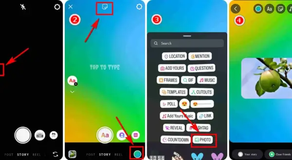 Jak zmienić tło w relacji na Insta? Kliknij "Aa", potem ikonę naklejek, wybierz "Photo" i dodaj zdjęcie.