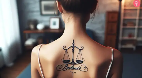 Tatuajes de balanza y equilibrio en la espalda de una mujer, simbolizando la armonía.