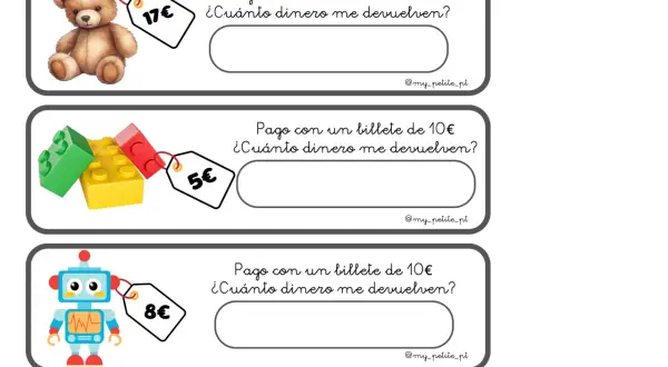 Problemas euros primaria para imprimir: oso (17€), bloques (5€), robot (8€). Calcula el cambio con billetes de 10€ o 20€.