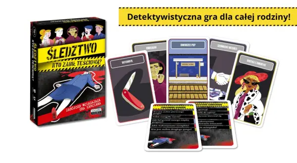 Gra "Śledztwo: Kto zabił teściową?" z kartami postaci, miejsc i narzędzi zbrodni. Rozwikłaj zagadkę morderstwa!