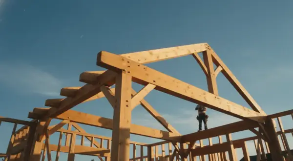 Budowa domu z drewna, gdzie widoczna jest adaptacja projektu gotowego. Drewniana konstrukcja szkieletowa na tle błękitnego nieba.