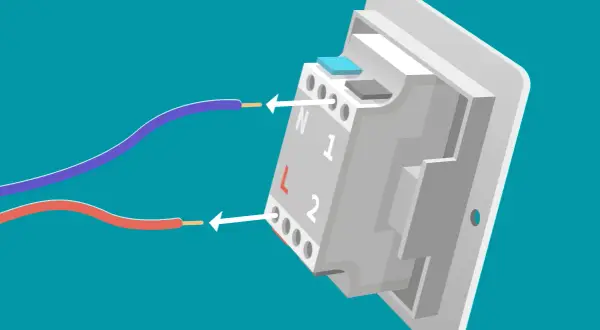 Anleitung zum Gira Lichtschalter ausbauen: Kabel (blau/violett und rot) werden in Klemmen (N, 1, L, 2) gesteckt.