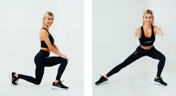 Donna in abiti sportivi neri esegue esercizi per le ginocchia infiammate: affondo e affondo laterale.