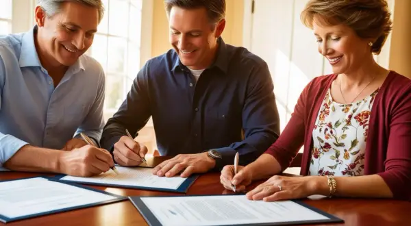 Pareja sonriente firma documentos, quizás para una hipoteca inversa La Caixa, asegurando su futuro financiero.