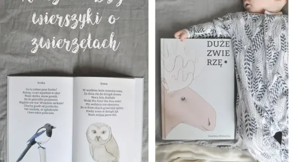 Dziecko śpi obok książki z wierszykami o zwierzętach. Na otwartej stronie sroka i sowa, a na okładce duży łoś. Idealna lektura na dobranoc.