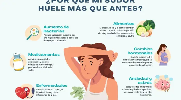 Una mujer se preocupa porque su sudor huele mal y antes no. La infografía explica causas: bacterias, medicamentos, alimentos, cambios hormonales, enfermedades, ansiedad y estrés.