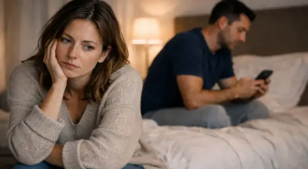 Donna pensierosa sul letto, uomo distratto dal cellulare. Si percepisce il sentirsi soli in coppia, un'assenza di connessione.