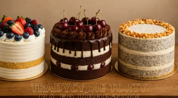 Trzy torty na drewnianym blacie. Po lewej biały tort z owocami, w środku czekoladowy drip cake z wiśniami, po prawej tort z orzechami.