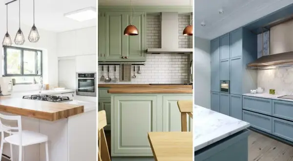 Tres cocinas con diferentes colores para pintar muebles de cocina: blanco moderno, verde menta y azul pastel.