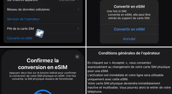 Interface mobile pour transformer une carte SIM physique en eSIM.