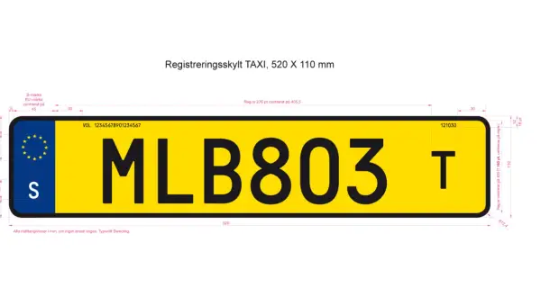 Gul registreringsskylt för taxi med texten MLB803 T. EU-märke med S till vänster.