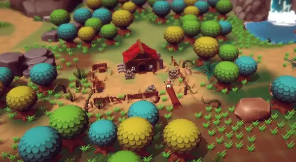 Kolorowy świat gry sandbox: domek, drzewa w odcieniach zieleni, żółci i błękitu, wodospad i kamienie.