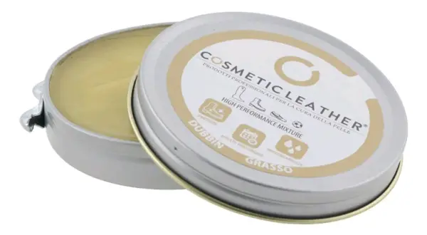 Boîte ouverte de graisse pour chaussures en cuir, "Cosmetic Leather", pour nourrir et imperméabiliser.