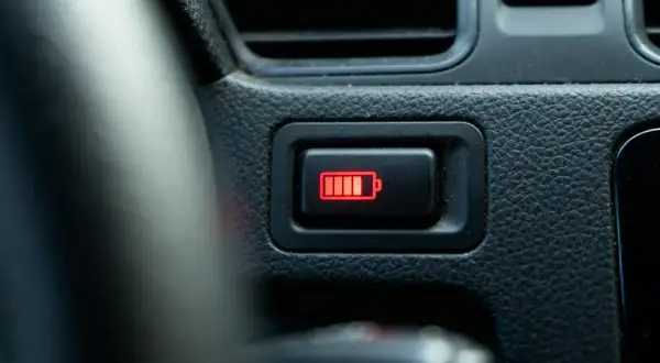 Voyant batterie rouge sur le tableau de bord d'une voiture, indiquant une faible autonomie.