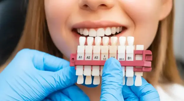 Uśmiechnięta kobieta z paletą odcieni zębów. Dentysta w niebieskich rękawiczkach dobiera kolor do wybielania zębów.